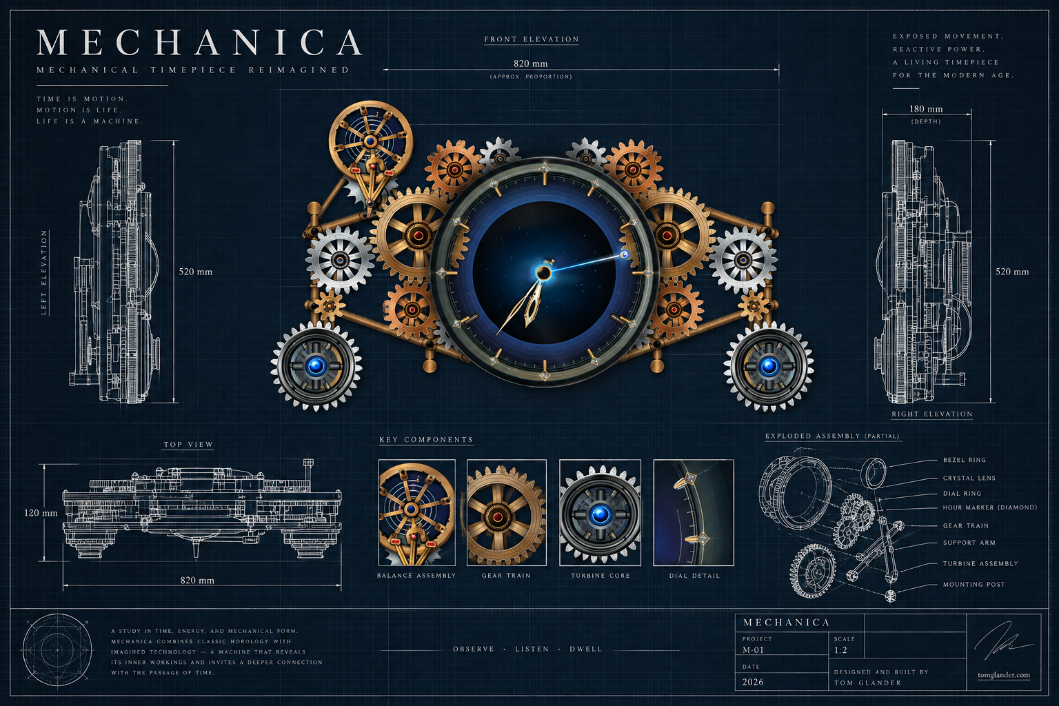 Blueprint drawing of the Mechanica clock